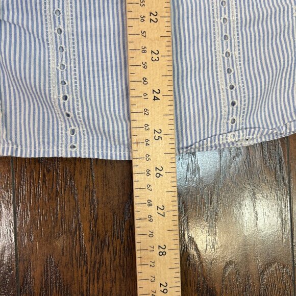 LOFT Top XL Blue White Striped Eyelet Embroidered Flutter Sleeve Button-Front - Picture 9 of 11